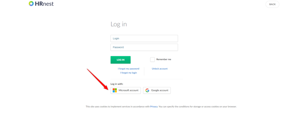View of the HRnest login window with the possibility of logging in via a Microsoft account.