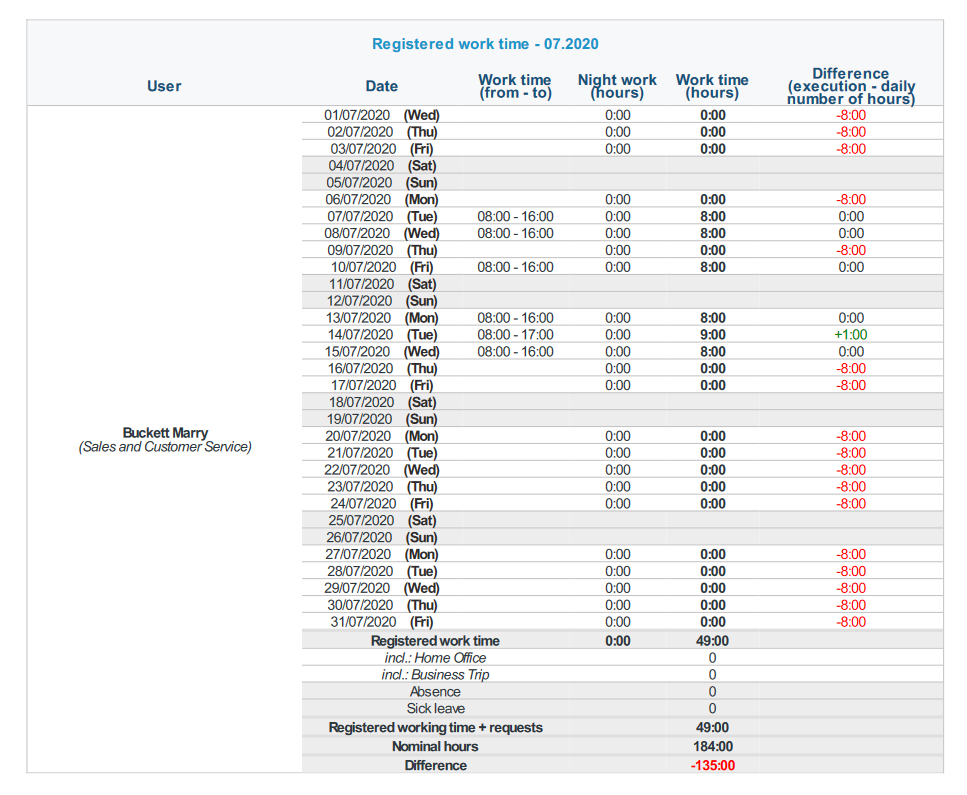 View of the Timesheet report in a PDF file.