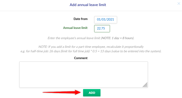 Entering a limit for a part-time employee.