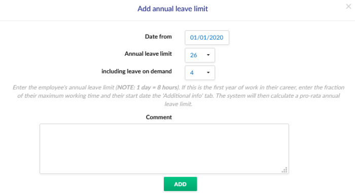 Form for adding vacation limits.
