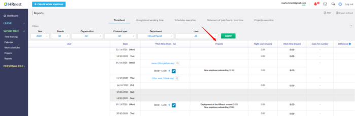 Projects section visible in timesheet report.
