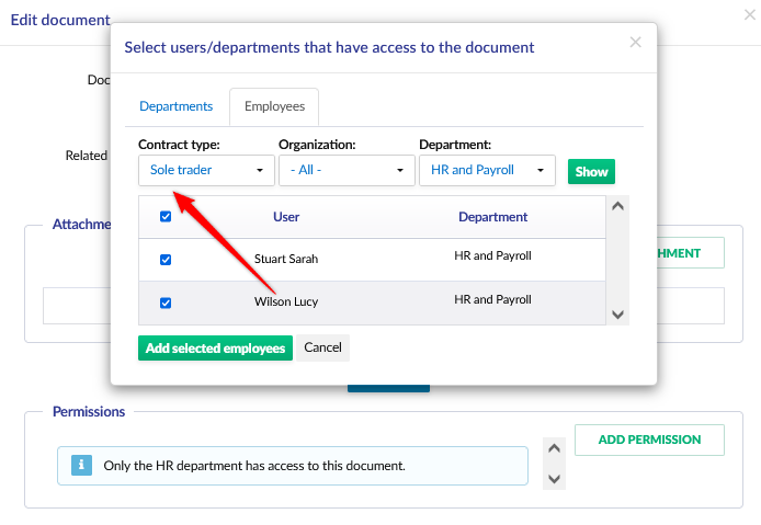 New filter "Contract Type" in the window for adding access to documents.